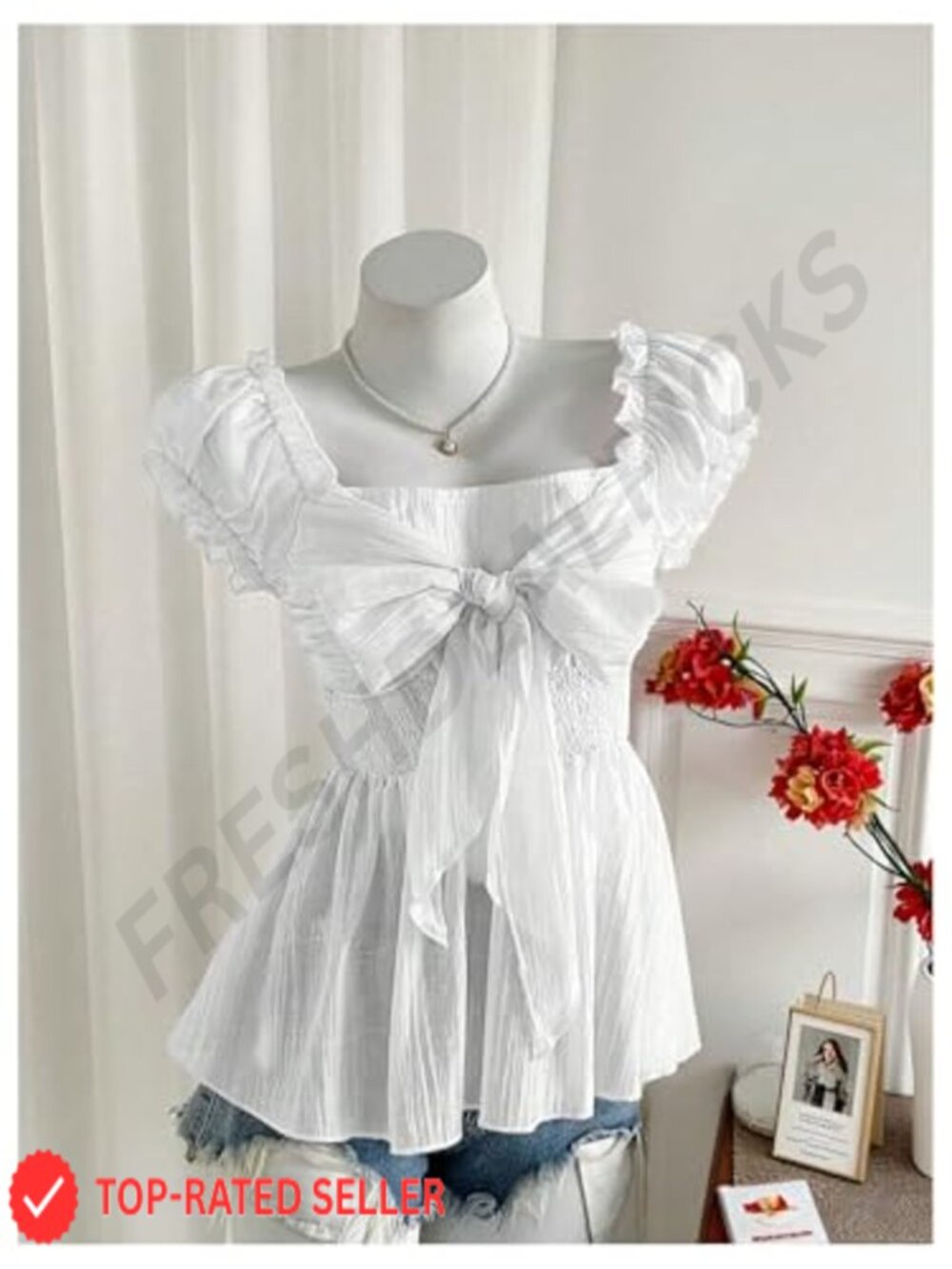 Women's Summer Puff Sleeve Peplum Blouse Smocked Tie Bow Chiffon Top Size XS-L - Picture 3 of 5